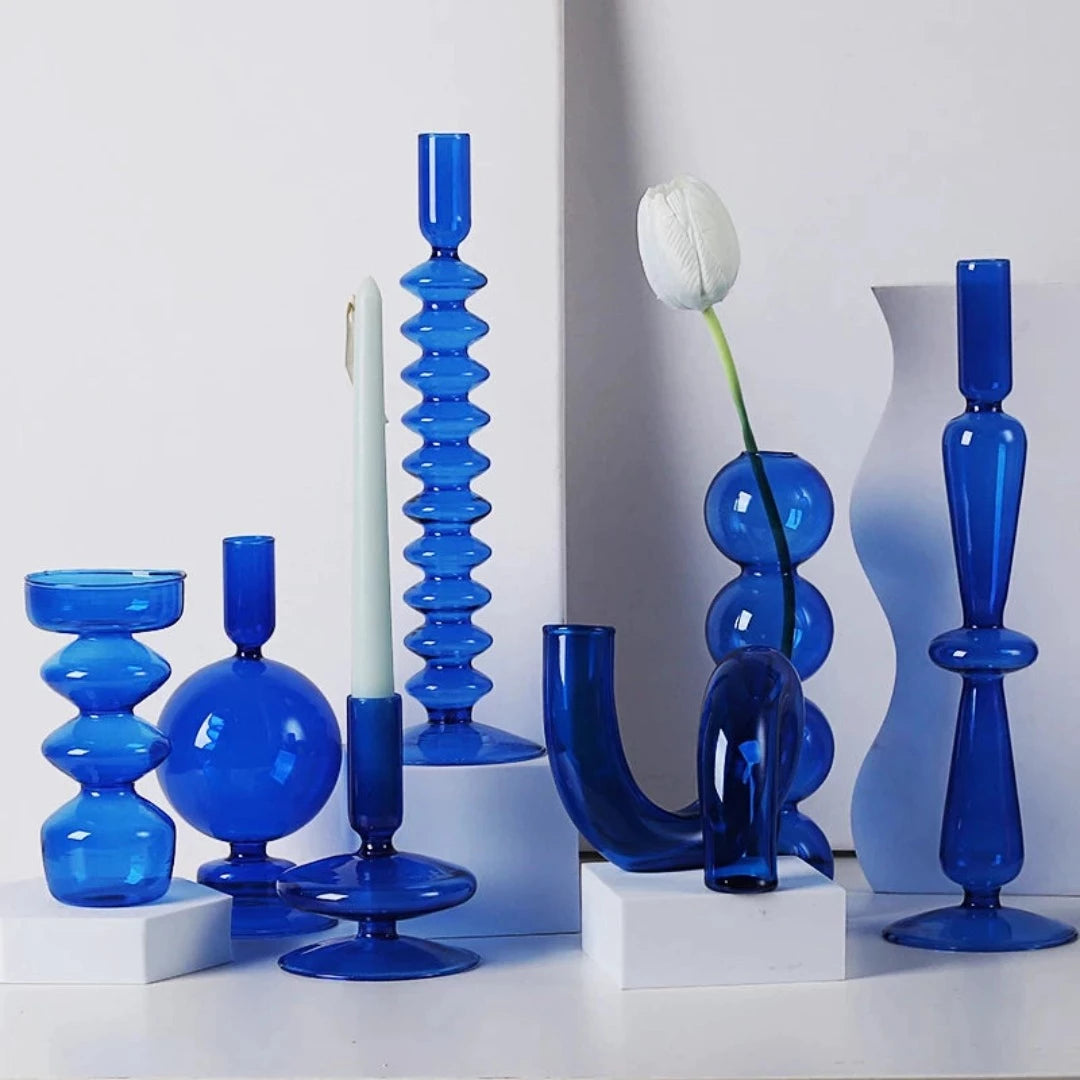 Blue Glass Candlestick Vases Aglow